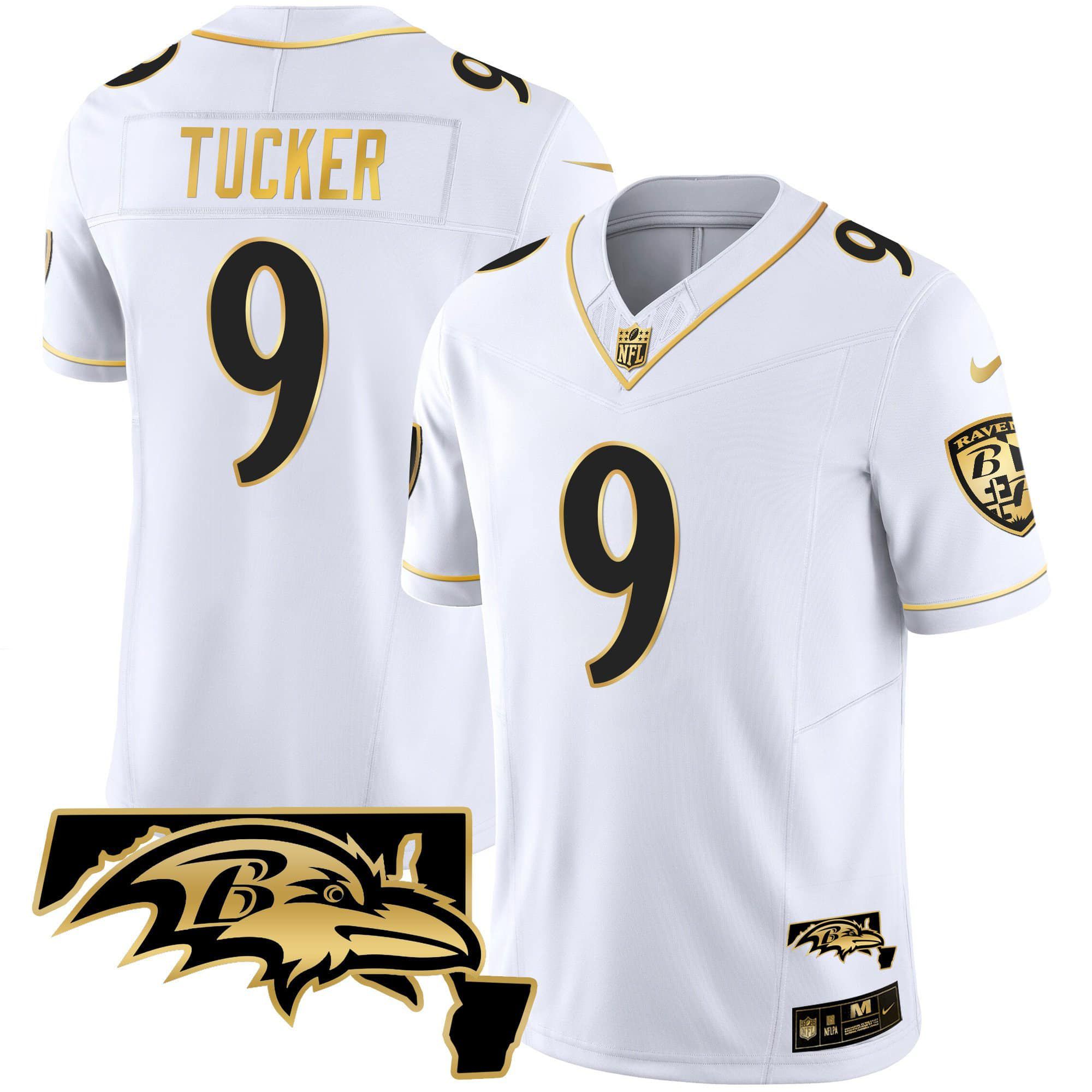 Men Baltimore Ravens 9 Tucker White Gold 2024 Nike Maryland Patch Vapor Limited NFL Jersey
